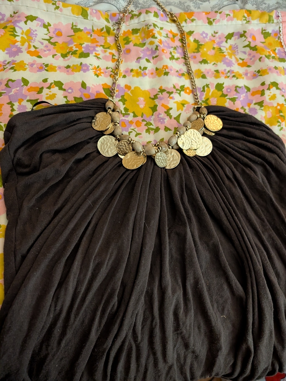 Y2K Boho Sky Brand Medium Ruched Halter Top W/Coin & Wooden Bead Embellishments